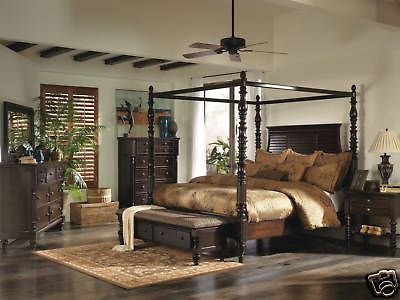 5pcs TRADITIONAL DARK BROWN QUEEN KING CANOPY BEDROOM SET FURNITURE