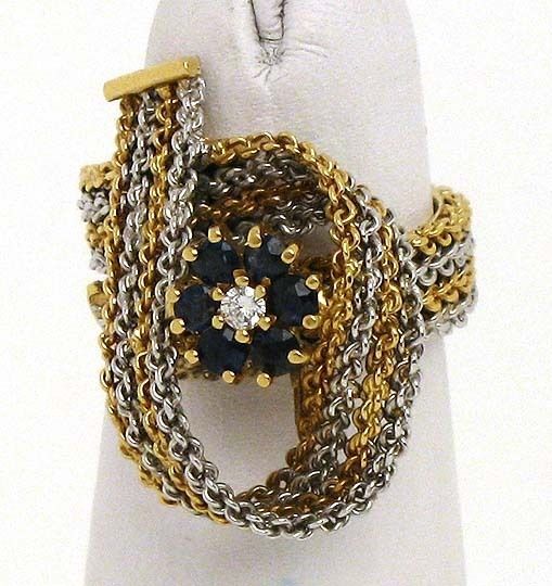 TWO TONE 18K GOLD, DIAMONDS & SAPPHIRE WOVEN BAND RING