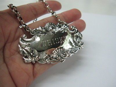 SOLID SILVER 925 WHISKY HANG LABEL LIQUOR BOTTLE TAG DECANTER VINTAGE