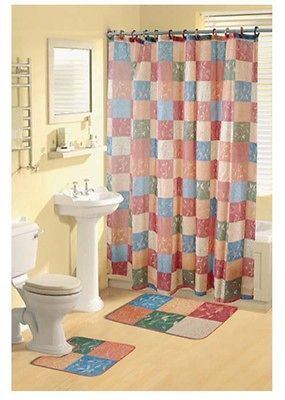 Casual Multicolored Blocks Shower Curtain Bathroom Contour Bath Rug 15