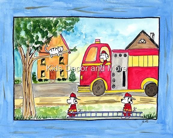 HERO FIRE TRUCK FIREMAN DOG TRUCK BABY BOY BEDROOM NURSERY BEDDING ART