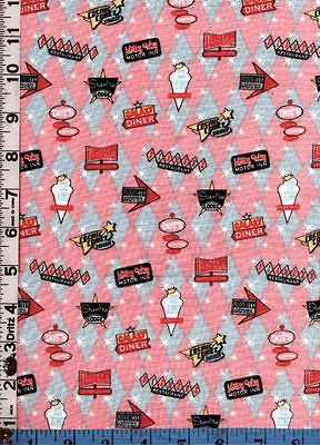 Fabric Miller 50s DINER MOTEL SIGNS PINK GRAY DIAMONDS