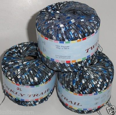 balls of TWINKLY TRAIL ladder trellis yarn Blue Silver 55