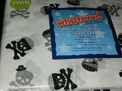 WHATEVER SKULL TWIN SIZE BOYS SHEET SET BLACK WHITE PIRATE SKULLY