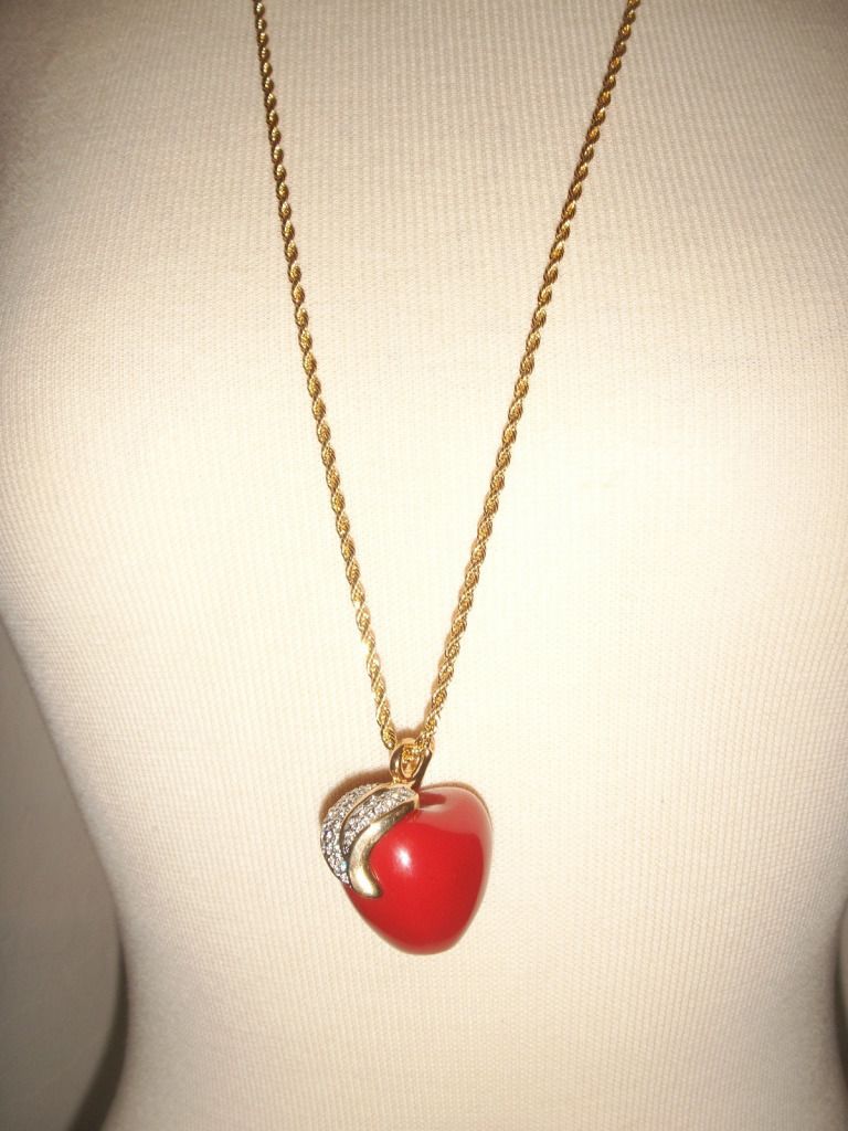 Kenneth Jay Lane Red Apple Necklace With Bejeweled Gold Leaf