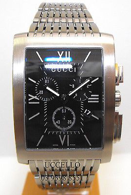 Gucci Mens Steel Chronograph watch Black Dial on Bracelet Box Papers