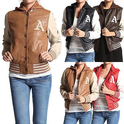 LEATHER HOODED JACKET Varsity Baseball Contrast Sleeve Button Bomber