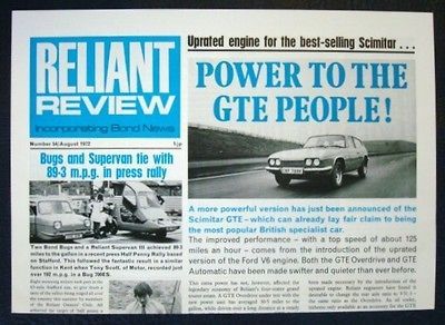 RELIANT REVIEW NEWSPAPER No 54 August 1972   BOND BUG CONTENT Scimitar