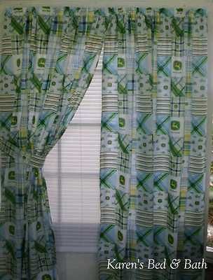 Tractor Madras Patches Blue Green White Custom Sewn Curtains Drapes