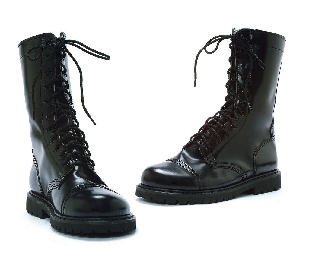 MENS ~ SINGLE SOLE BLACK COMBAT LACE UP FRONT CALF BOOTS 1 HEEL