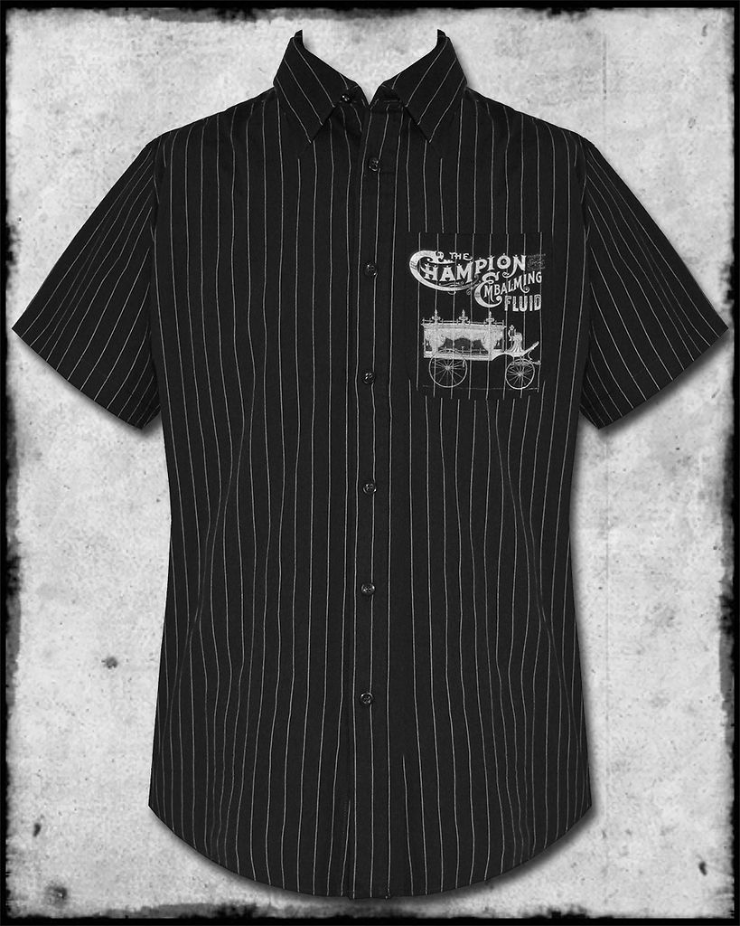 MENS SHORT SLEEVE PINSTRIPE EMBALMING FLUID GOTHIC STEAMPUNK SHIRT