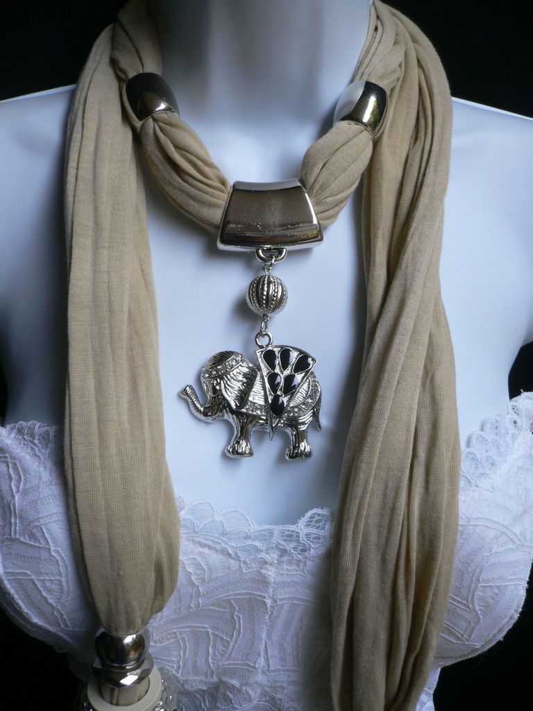 BEIGE SOFT FABRIC SCARF NECKLACE SILVER RHINESTONES ELEPHANT PENDANT