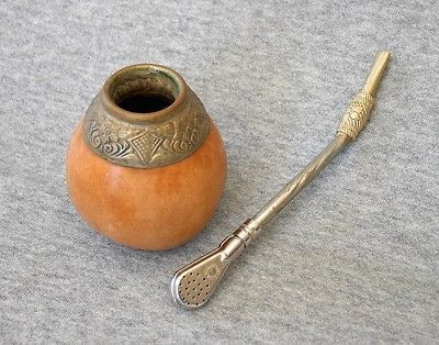 YERBA MATE GOURD CUP & BOMBILLA STRAW SPOON KIT BRASS INDUSTRIAL