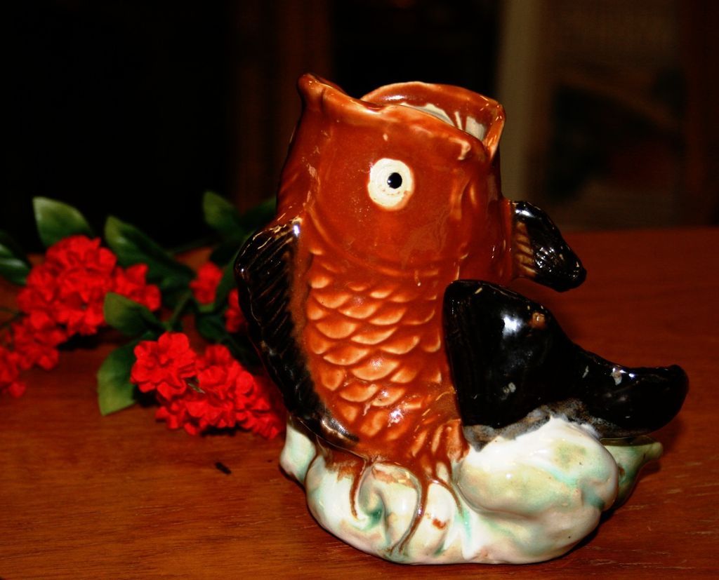 Intriguing Majolica Leaping Koi Goldish Carp Fish Pitcher Posey Vase