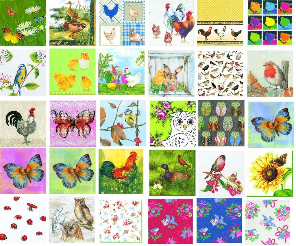 Birds Chickens and Insect Napkins   gorgeous designs you choose 20 in