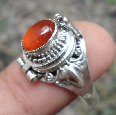 925 Sterling Silver Balinese box Locket Ring w Carnelian Cab Size 6,7