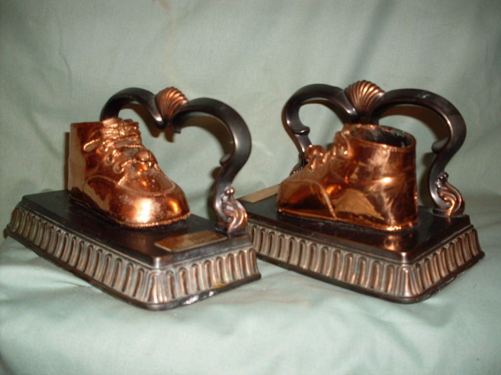 BRONZE BABY SHOES ,BOOKENDS, FELT BOTTOMS, SHOES HAVE BELLS ,GOOD