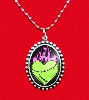 ZOMBIE FRANKENSTEIN HEART FLAMES TATTOO NECKLACE