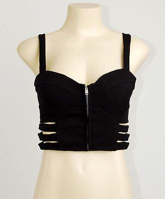 Zip Front Punk Gothic Rock Crop Pad Bustier Bra Bralet Tank Top S