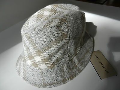 NWT BURBERRY LONDON BUCKET HAT 100% WOOL DOVE BEIGE NOVA CHECK LARGE