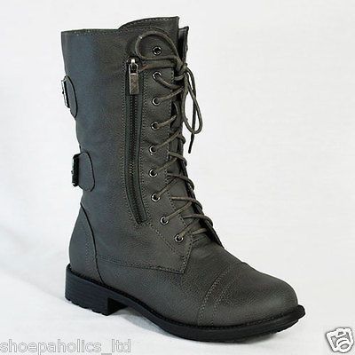 GRAY Womens Buckled Lace up Military Combat Mid Calf Boots Size 5.5