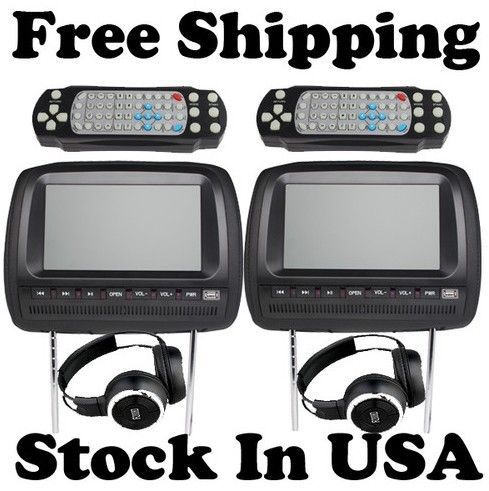 2x 9Car Pillow Headrest GTC CD DVD Player Black IR TV