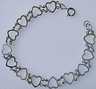 Vintage Sterling Silver 7 1/2 Cut Out Heart Link Chain Bracelet   No