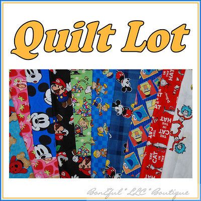 COTTON SCRAP QUILT LOT Licensed Character Kids Disney Mario Seuss