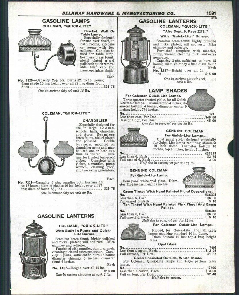 1929 ad Coleman Quick Lite Gasoline Chandelier Shades