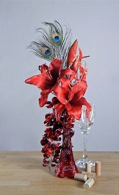 New Peacock Feather Floral Arrangement Red Lilies Red Glass Eiffel