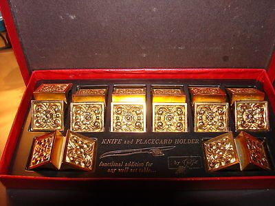 Vintage Carvel Hall Gold Finish Metal Knife Rests Caddy Place Card