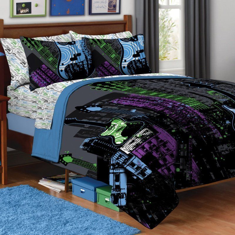 NEW TEEN GUITAR ROCK STAR 7pc QUEEN COMFORTER SHEET SET BLACK~BLUE~GRE