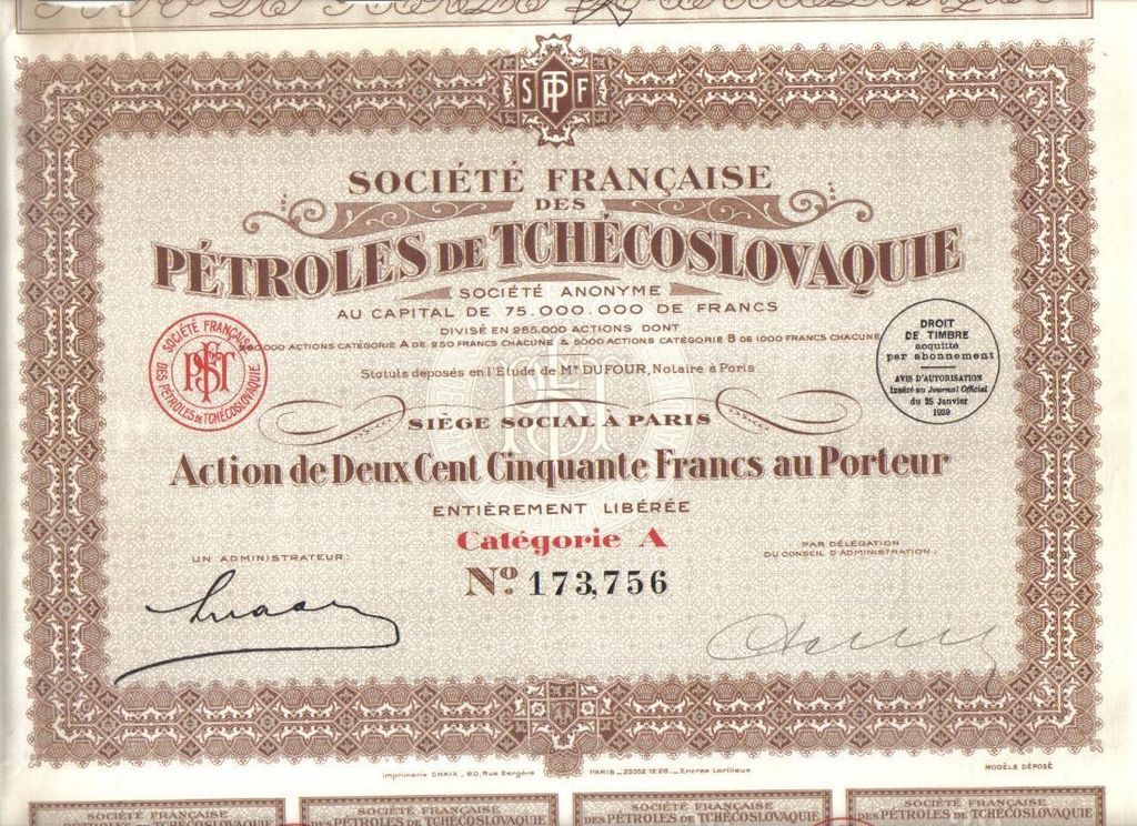 Czech Bond 1929 Petroles Tchecoslovaqui e Oil Czechoslovakia 250 fr