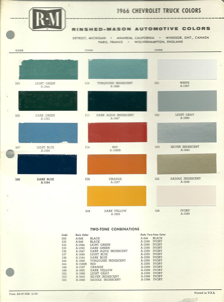 1966 CHEVROLET TRUCK Color Chip Paint Chart Brochure R M, RM