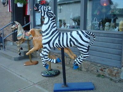 Large Carved Wood Young Galloping Carousel Zebra Statue Hand Painted