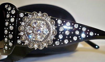 MONTANA WEST BLACK SUNGLASSES LARGE CONCHO BLING RHINESTONE W LEATHER