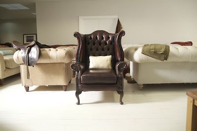 Very Nice Pre Loved Leather Chesterfield Wing Back Chair in Rich Wine