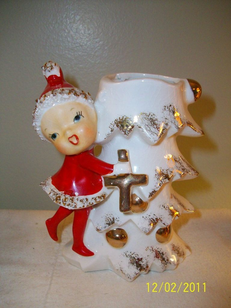 Vintage Ucagco Japan Christmas Pixie Girl Tree Vase Spaghetti Gold