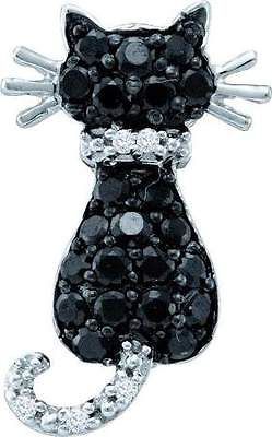 BRAND NEW0.33CTW 14K WHITE GOLD BLACK DIAMOND CAT PENDANT FOR SALE NOW