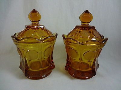 Pair Lot of 2 Fostoria Coin Glass Amber Candy Jar Dish with Lid