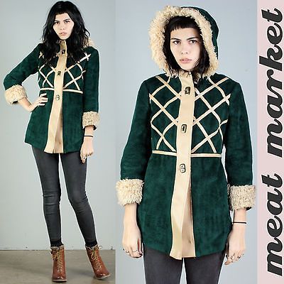 vtg LATTICE stripe HOODED shearling JACKET dolly FOREST GREEN fur coat