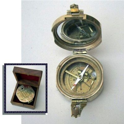 Vintage Solid Brass Transit Compass With Wood Box Survey Compasses