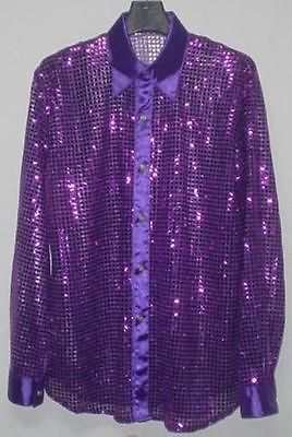 Men Cabaret Disco Fancy Party Clubbing Glitter Sequin Shirt BLUE long