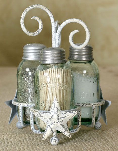 White Crackle Star Salt Pepper Toothpick Holder Country Kitchen Decor