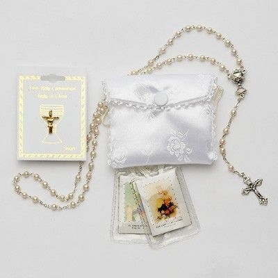 ELT Girls Holy First Communion Scapular Lapel Pin Gift Set w Satin