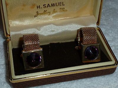 70S VTG RETRO PURPLE TOURMALINE CRYSTAL GOLD MESH SQUARE CUFF LINKS J6