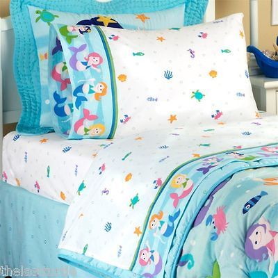 MERMAIDS 4 pc Full Sheet Set Sea Horses Shells Crabs Turtles Fish NIP