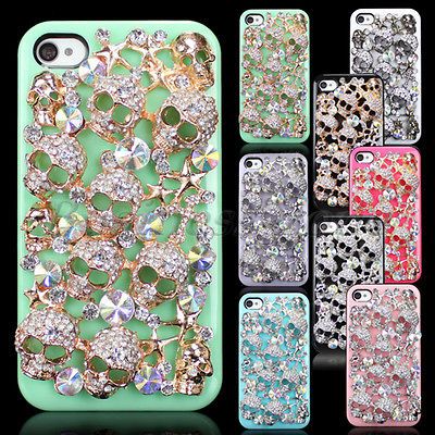 Luxury Metal Skull Cross Crystal Diamond Bling Back Case Cover For