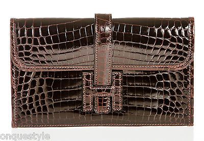 Hermes Brown Cocaon Niloticus Crocodile Mini Jige Clutch Handbag