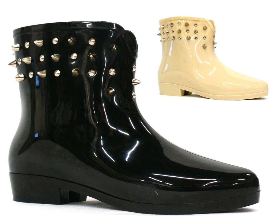 C41 LADIES HEEL SPIKE STUDS WELLINGTON WINTER RAIN FASHION WELLIES